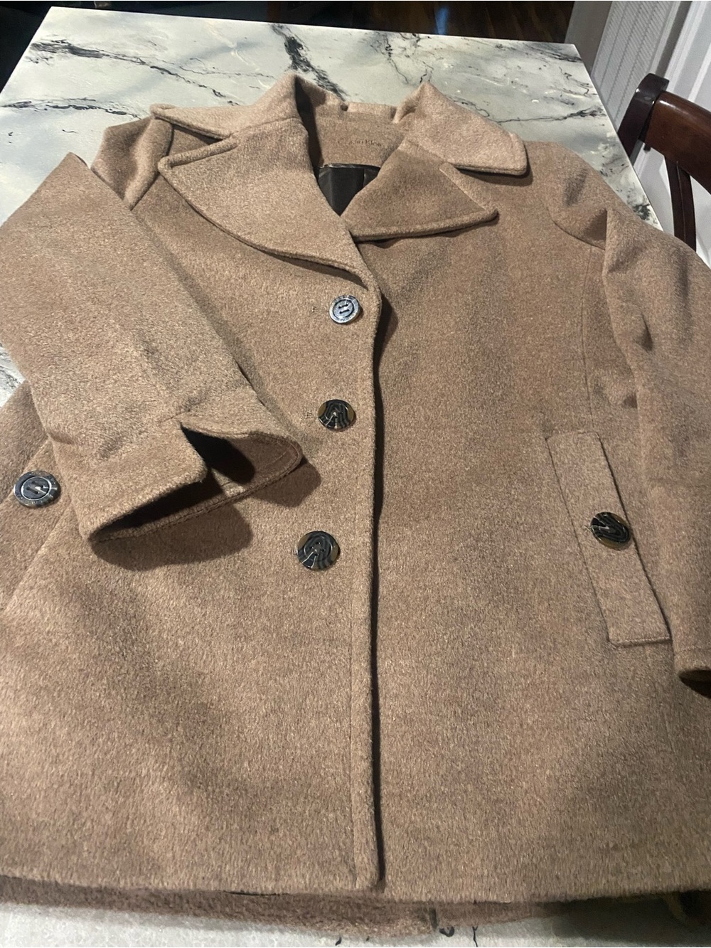 Calvin Klein Camel Wool Blend Single-Breasted Pea Coat